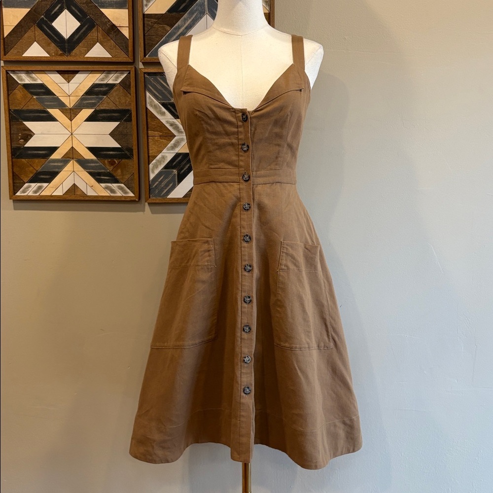 SALONI Fara Tan Sleeveless Button-Front Flared Cotton Linen Dress size 4